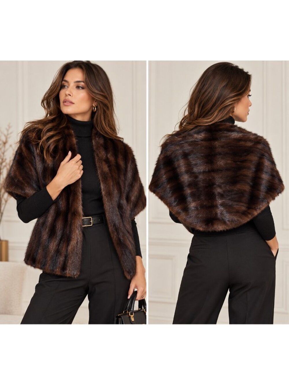 Women's Vintage Genuine Mink Fur Stole Wrap Shawl Dark Brown